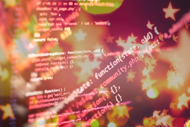 関数のソースコードのクローズアップを監視します。ラップトップでプログラミング関数を記述します。ビッグデータとモノのインターネットのトレンド。