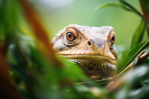 Foto monitor hagedis peering van achter bladrijke takken