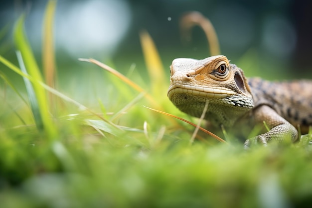 Monitor lizard stalking a grasshopper