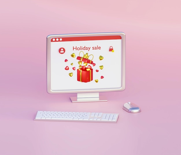 Monitor met geschenkdoos en hartjes Online winkelen Vakantie verkoop 3d render illustratie