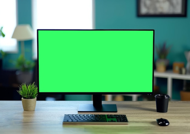 Monitor met groen scherm op het bureau in de werkruimte