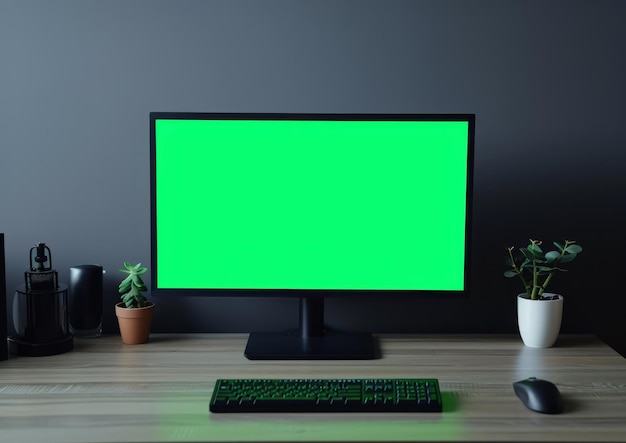 Monitor met groen scherm op het bureau in de werkruimte