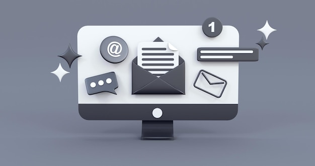 monitor screen email marketing in black background 3d render