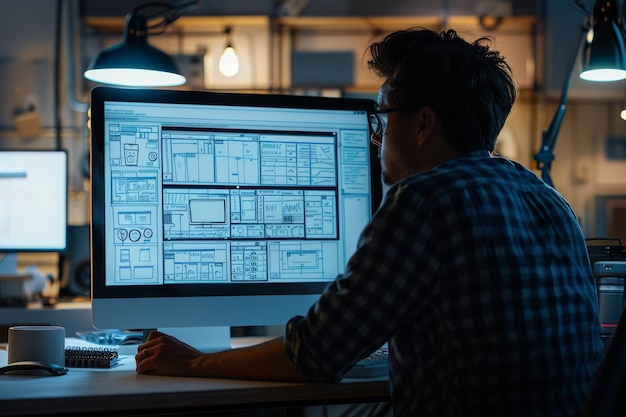 Monitor showing Figma or Sketch interface with a web designer working on page layouts