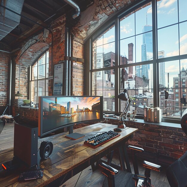 monitor stand in loft office with industrial design