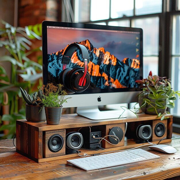 Photo monitor stand with integrated headphone wallpaper