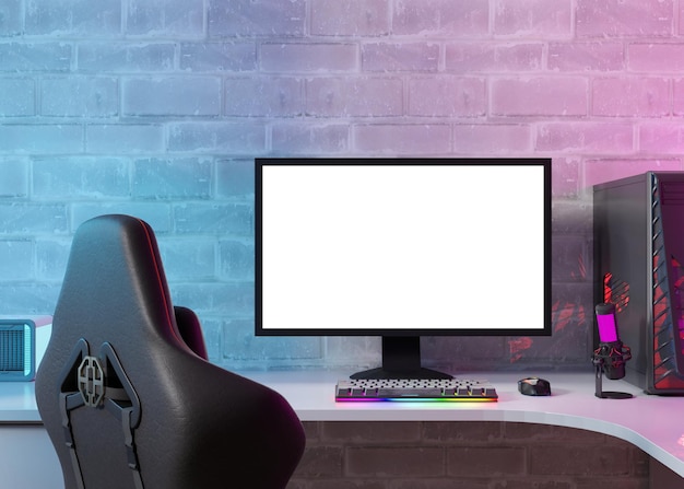 Monitor with blank white screen Gaming at home Computer mock up Copy space for app game website presentation Empty screen Modern interior Neon lights Gamer place 3D render