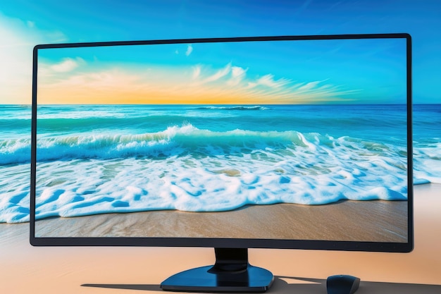 Monitor With Bright And Cheerful Beach Scene As The Desktop Background Generative AI