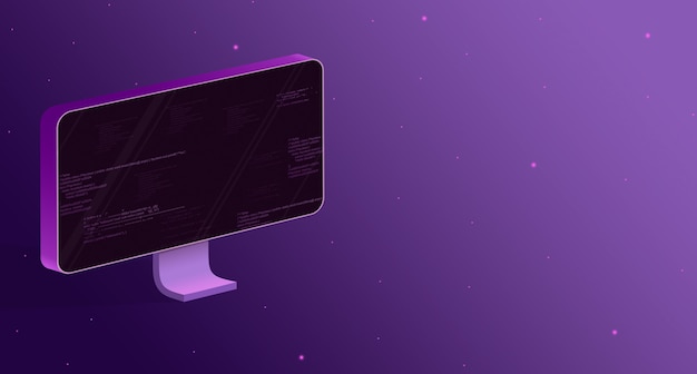 Monitor with elements of the program code on the screen on a purple background 3d