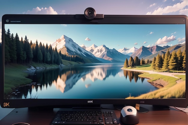 A monitor with a landscape on the screen