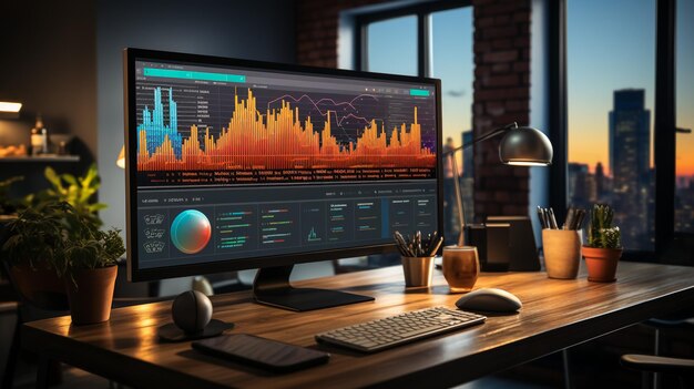 Photo monitor with stock market analytics in empty business space global investment trade to exchange crypto currency and follow rate trend on computer in startup office ecomonic strategy
