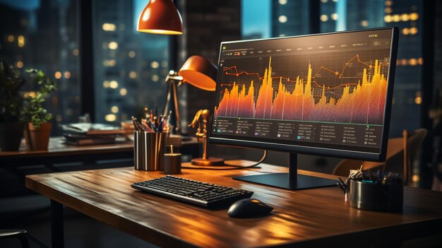 Photo monitor with stock market analytics in empty business space global investment trade to exchange crypto currency and follow rate trend on computer in startup office ecomonic strategy