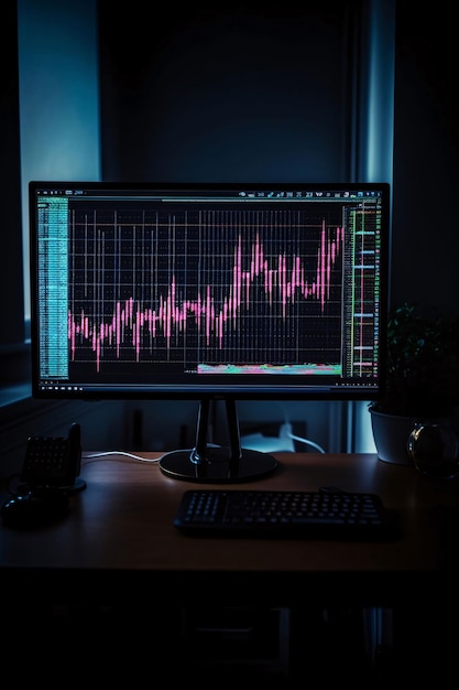 Foto monitorare con grafico del mercato azionario sullo schermo del computer in una stanza buia concetto di affari e finanze