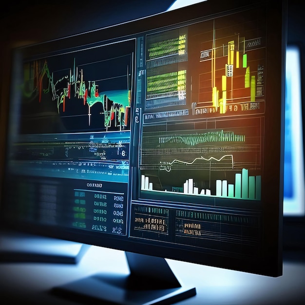 Monitor with stock market data on screen 3d rendering toned image