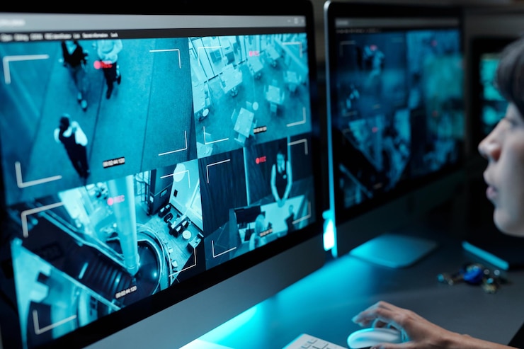 Foto monitoren met cctv-video op schermen