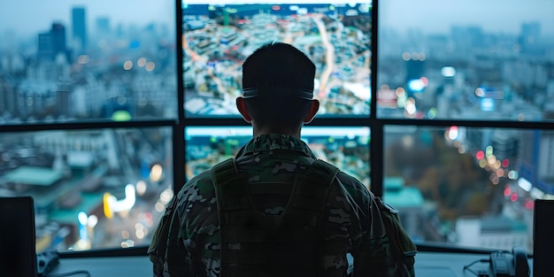 사진 도시 활동을 감시하는 군사 감시 장교의 역할 개념 군사 감시 도시 감시 장관의 책임 보안 프로토콜 감시 기술
