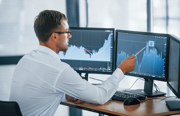 Monitoring information. Young businessman in formal clothes is in office with multiple screens. Conception of exchange and money.