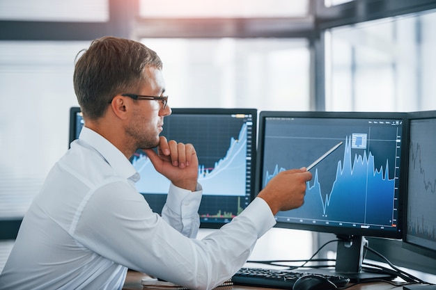 Monitoring information. Young businessman in formal clothes is in office with multiple screens. Conception of exchange and money.