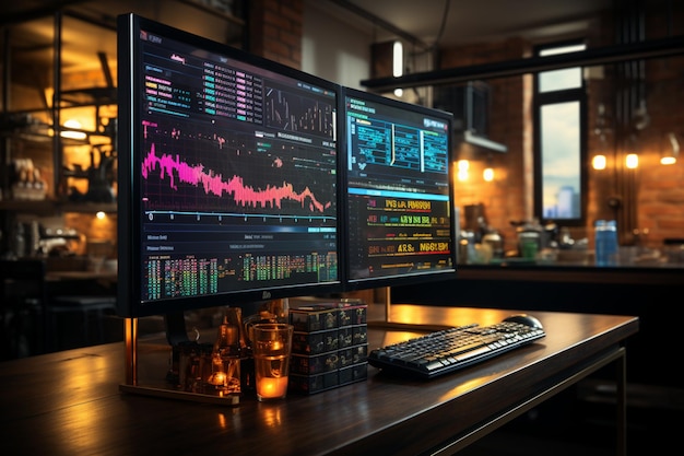 Monitoring market movements Realtime trading charts and data on digital screen