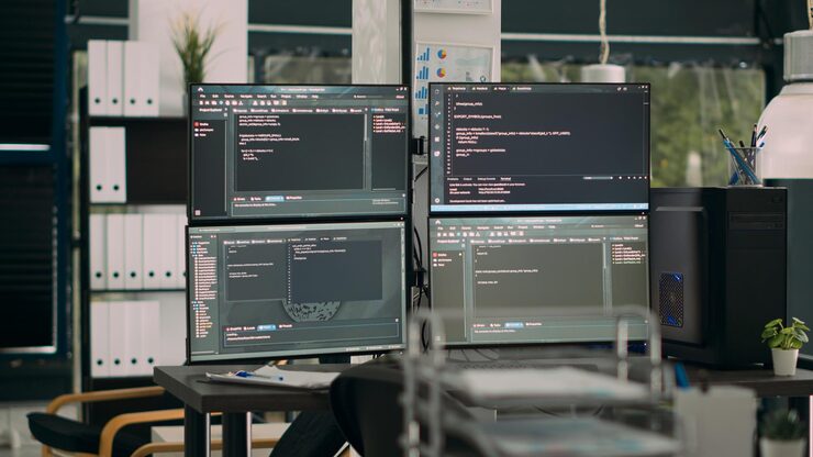 Photo monitors displaying parsing code in empty it agency office desk with computers compiling data algorithms. artificial intelligence servers cloud computing with html script on temrinal window.