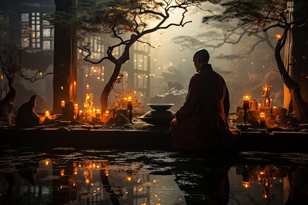 Монах Кунг-фу в элегантном ударе под видом генеративного бонсай ИА