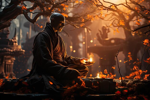 Монах кунг-фу медитирует в сумерках в храме предков генеративный IA