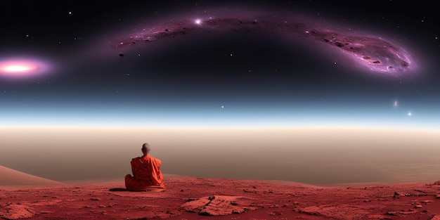 A monk meditates looking out into space