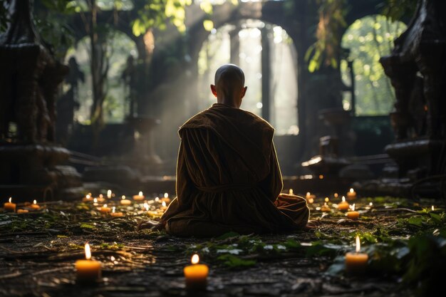 Monk meditates in serene clearing surrounded by nature generative IA