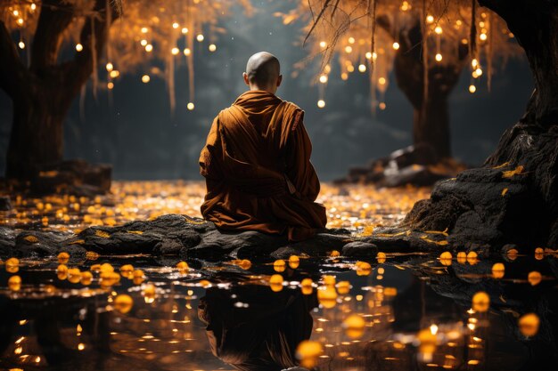 僧侶はラウンジの森の柳の下で瞑想し、川に映る静けさを生成する IA