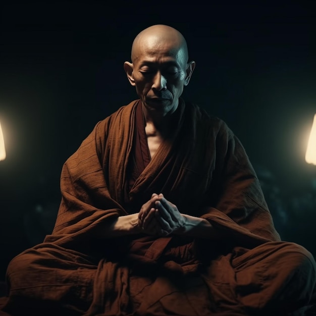 A monk meditating in front of a lamp that is lit up.