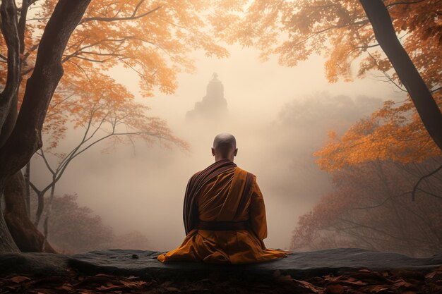 Monk meditating on a mountain in front of an mystic landscape with copy space Generative AI