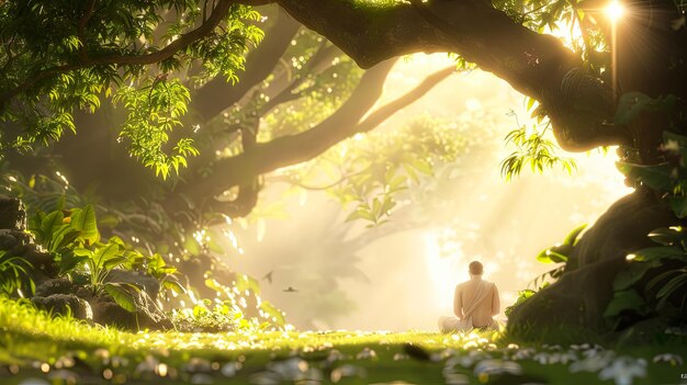 Photo monk meditating in a peaceful forest nature sunlight jungle trees spirituality meditation mindfulness zen peace tranquility serene calm