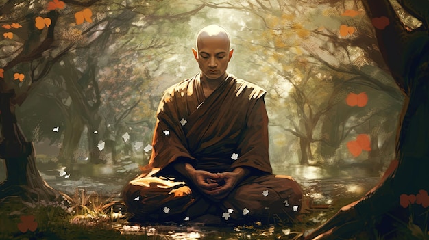 静かな庭園で瞑想する僧侶 ファンタジーの概念 イラスト絵画