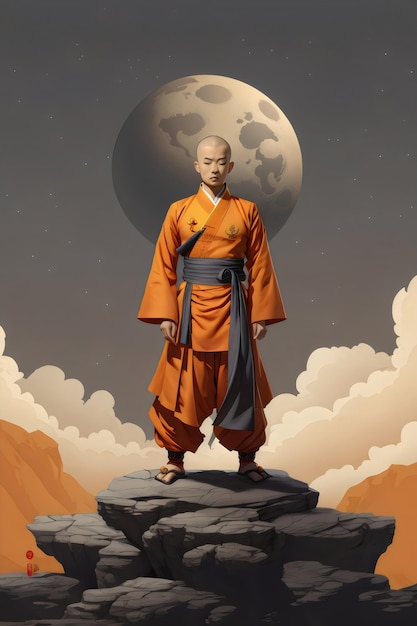 monk meditating standing at edge of planet