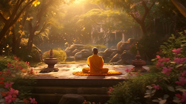 A monk meditating in a temple with the sun shining on the left side.