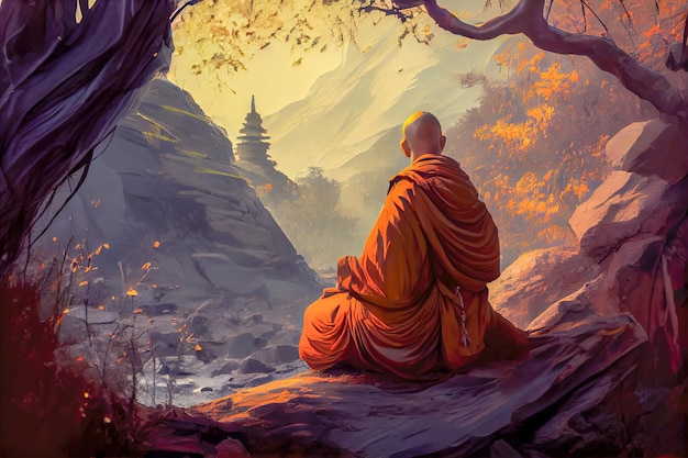 Monk in red meditates on the background of nature Generative AI Generative AI