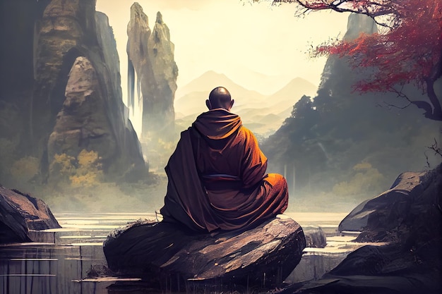 Monk in red meditates on the background of nature Generative AI Generative AI