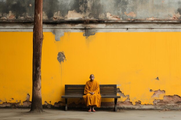 a monk sits on a bench in front of a yellow wall