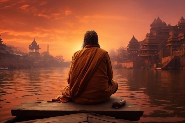 a monk sits on a boat in front of a sunset