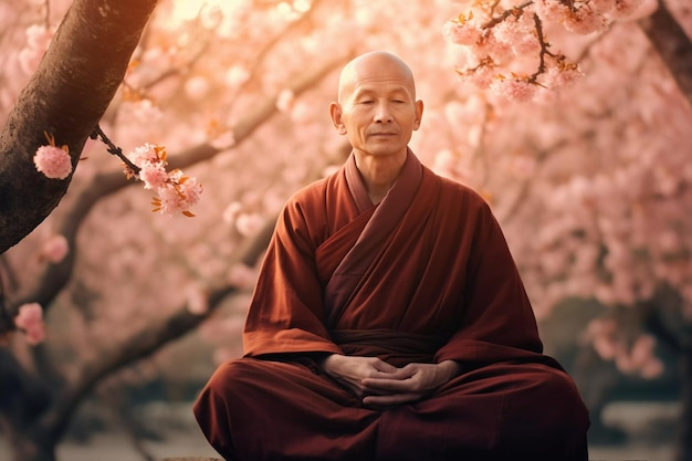 A monk sits under a cherry tree