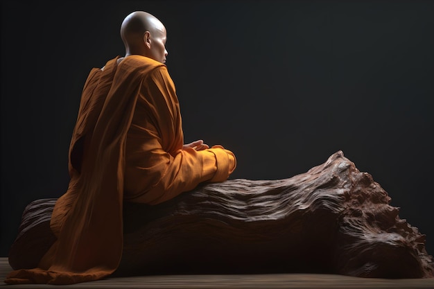 A monk sits on a log in front of a dark background.