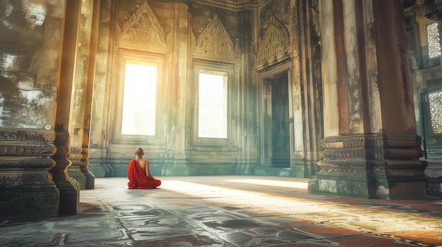 A monk sits in meditation in a beautiful temple The sunlight shines through the windows creating a peaceful and serene atmosphere