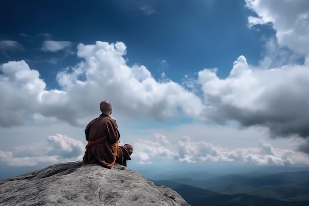 A monk sits on a mountain, looking out to the mountains.