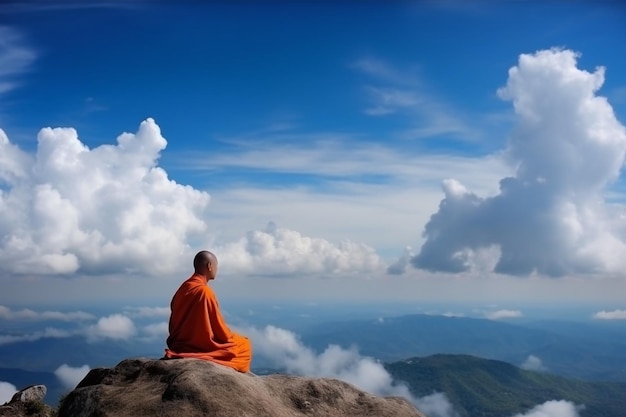 A monk sits on a mountain top looking at the clouds