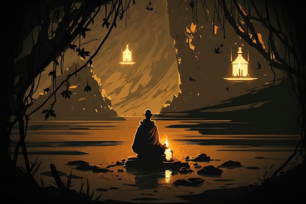 Монах сидит в позе лотоса на камне и медитирует, вид сзади Генеративный ИИ