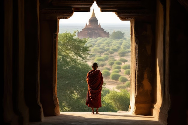 A monk stands in an archway looking out to a pagoda.