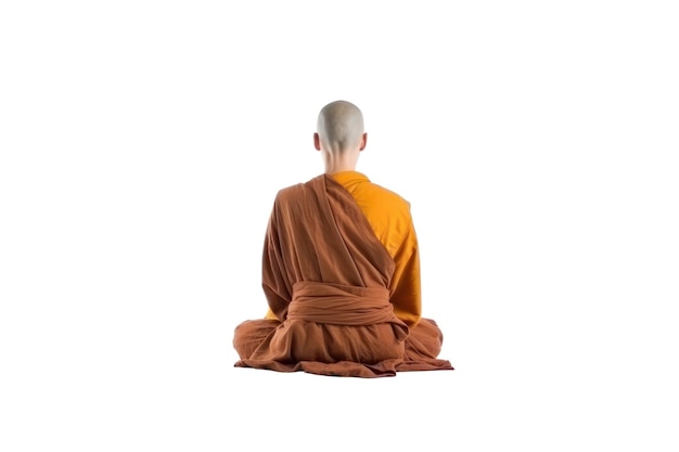 A monk with a shaved head sits in front of a white background