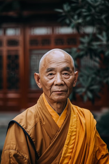 a monk with a yellow robe on