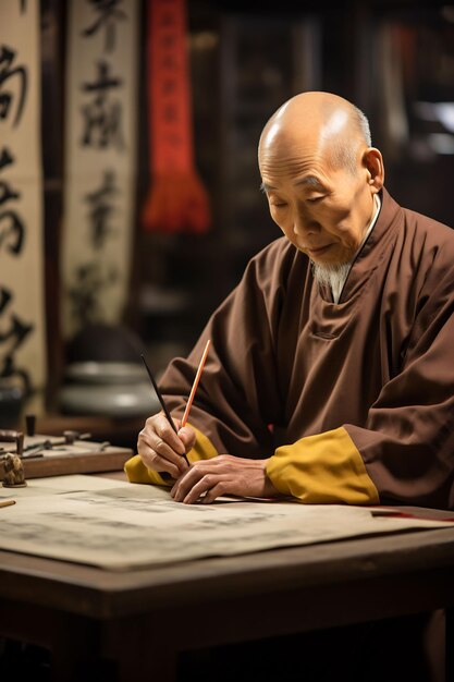 a monk writes in a temple