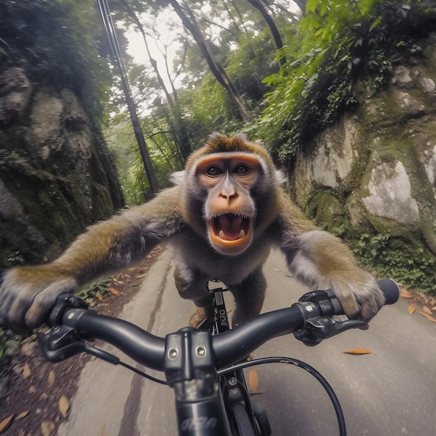 Foto una scimmia su una bici con una macchina fotografica davanti